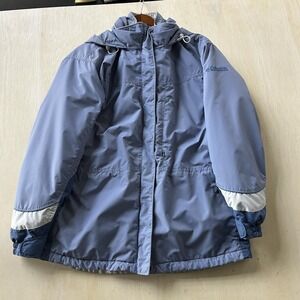 Columbia Parka Jacket Womens Large Blue Hooded Full Zip Pockets Mid Length